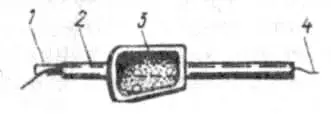 Рис. 9. Поплавок в сборе: 1 — клинишек; 2 — трубочка; 3 — поплавок; 4 — леска.